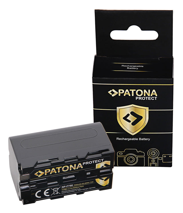 Rechargeable NP-F750 battery with protective packaging box, black and gold branding