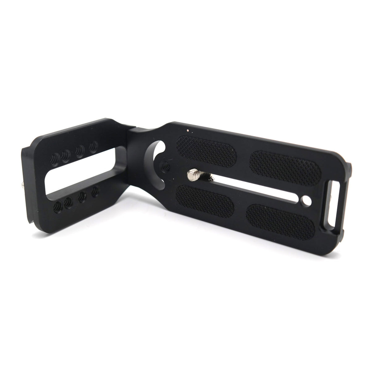 Black L-bracket with mounting plate, textured grips, and central threaded screw