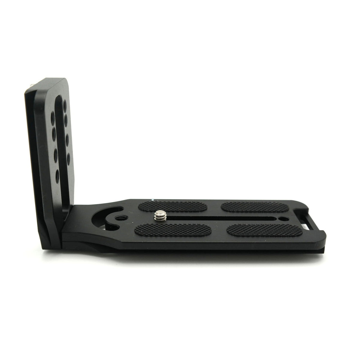 Black L-plate bracket angled view with textured platform and mounting screw