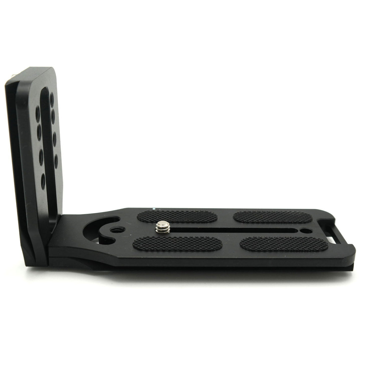 Black L-plate bracket with textured base plate and multiple mounting holes