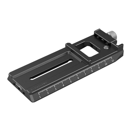 Black focus rod mount plate with engraved ruler and adjustable clamp on top