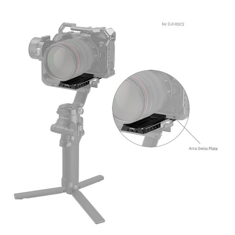 Camera mounted on gimbal with focus rod mount plate and scale detail