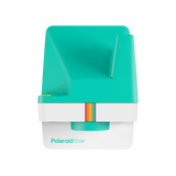 Mint instant camera front with rainbow trim and film output slot