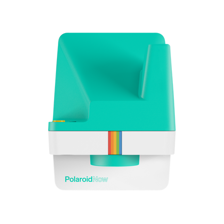 Mint instant camera front with rainbow trim and film output slot