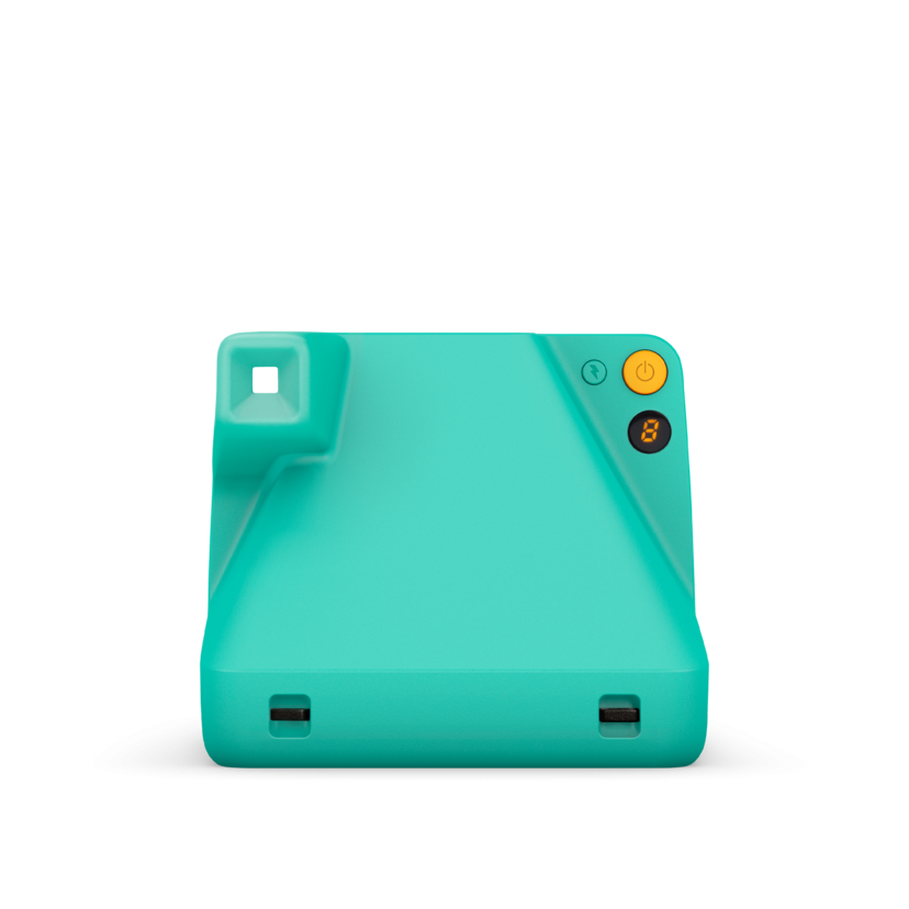 Mint instant camera back with viewfinder frame and power/settings buttons
