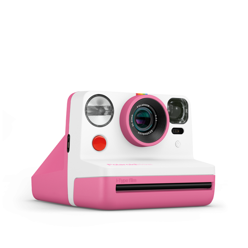 Rose instant photo camera angled view with lens and front flash visible