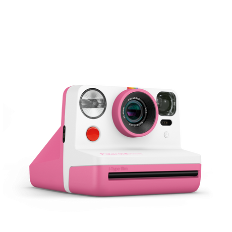 Rose instant photo camera angled view with lens and front flash visible