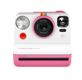 Rose instant photo camera front view with lens, flash, and pink button