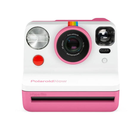 Rose instant photo camera front view with lens, flash, and pink button