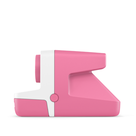 Rose and white instant camera side profile with button and molded grip