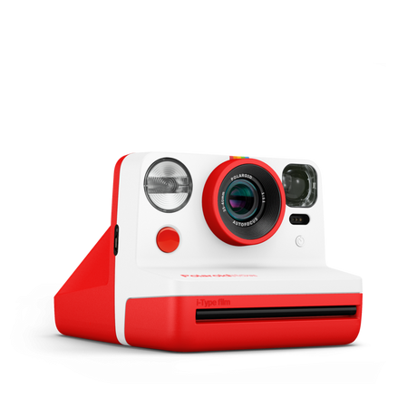 Red instant camera angled front view with flash, lens, and control buttons