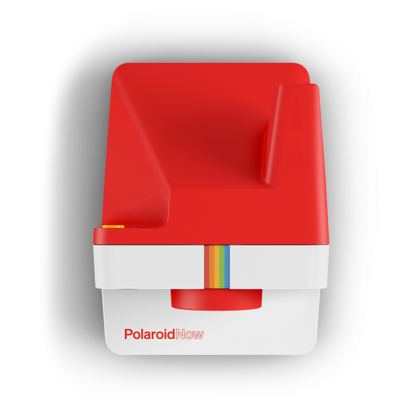 Red and white instant camera front with rainbow film stripe and PolaroidNow logo