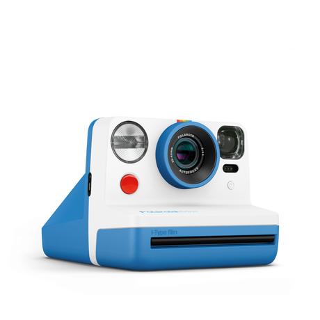Blue Polaroid Now instant camera front view with lens, flash window and red button
