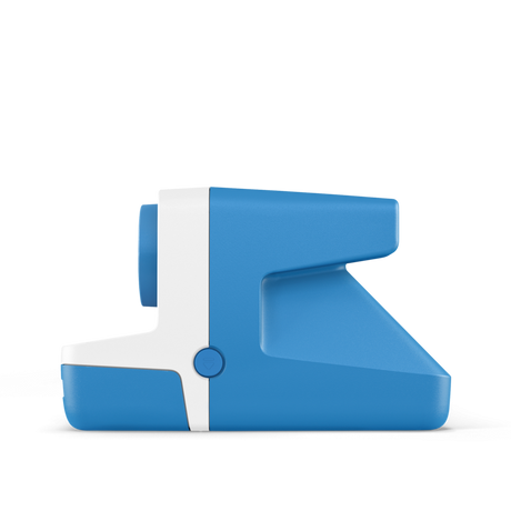 Blue instant camera side view with white trim and base slots, compact design