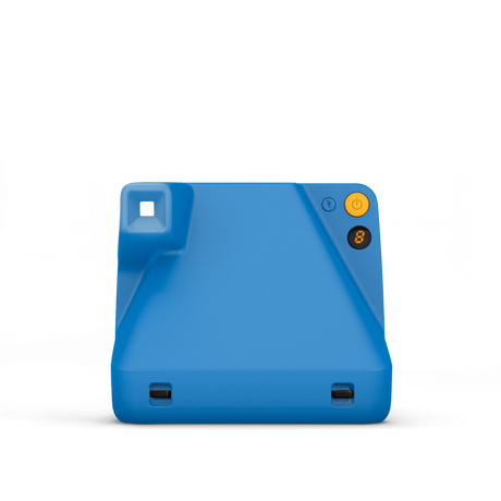 Blue instant camera back with icon panel and orange power button, compact body