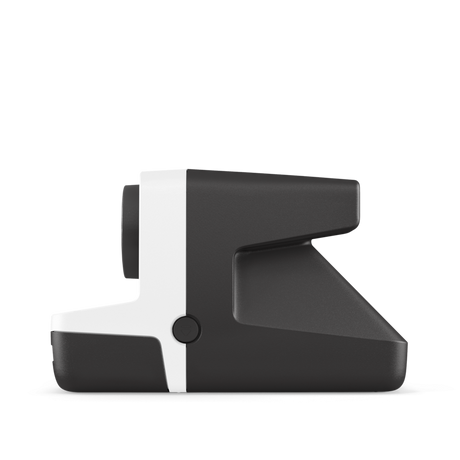 Polaroid Now aparat instant din lateral, carcasă alba si zona superioara neagra
