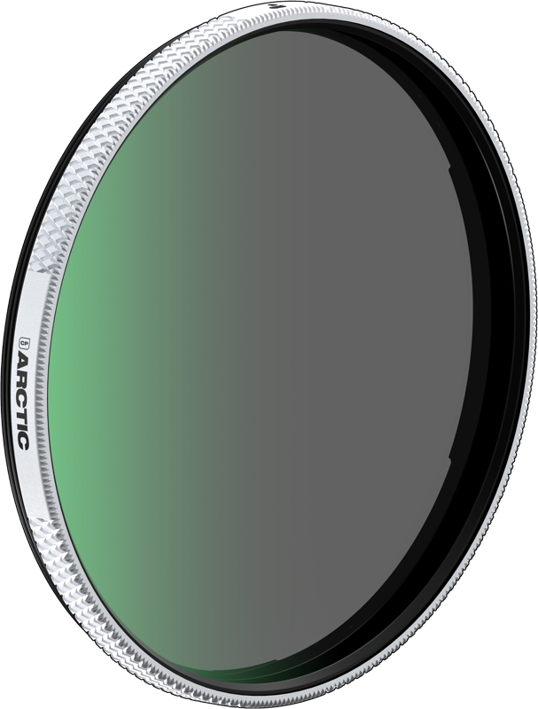 Circular 95mm camera lens filter, dark gray glass with textured silver rim