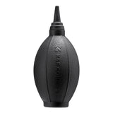 Black air blower, close view of oval body and tall nozzle, embossed logo