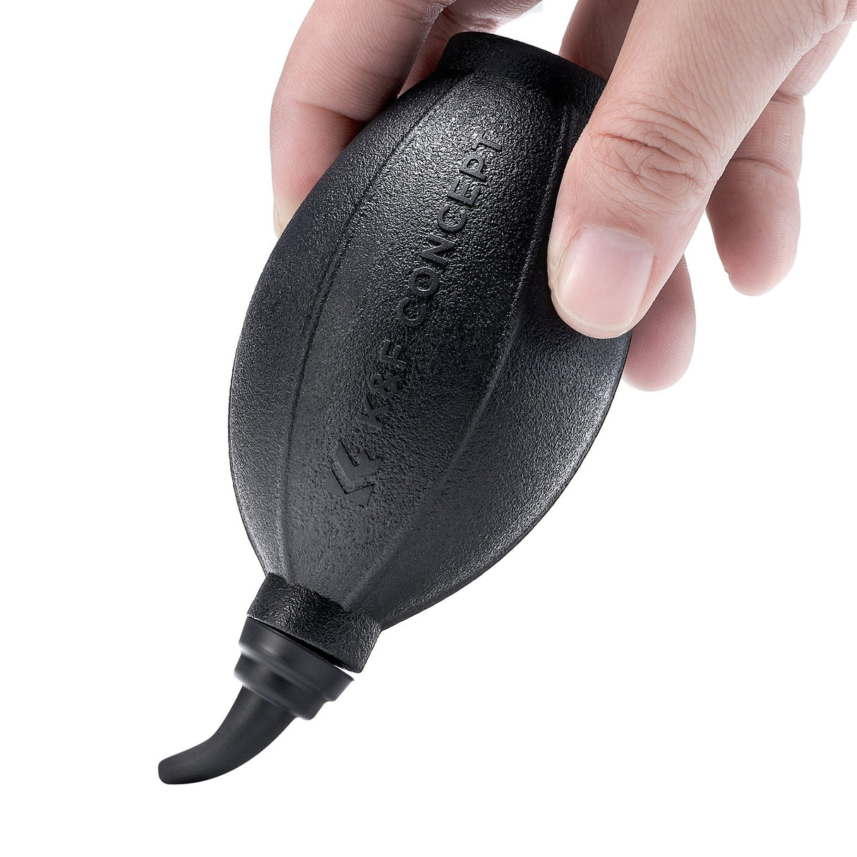 Black air blower in hand, slim nozzle tip and embossed logo on rubber body
