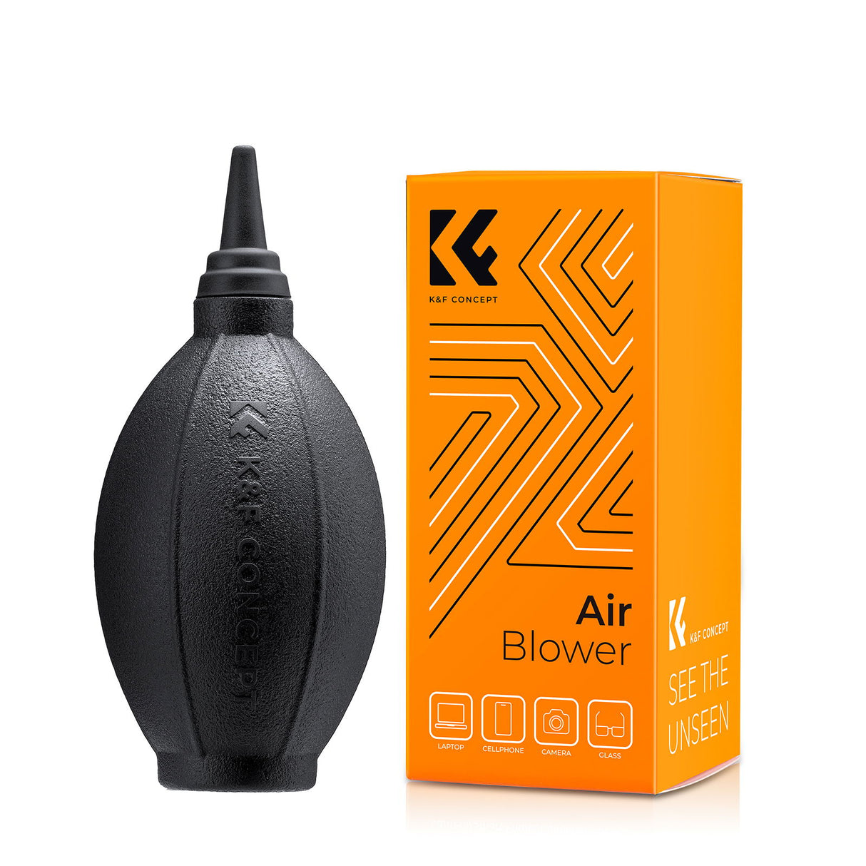 Black air blower with product box, rounded bulb body and tall nozzle
