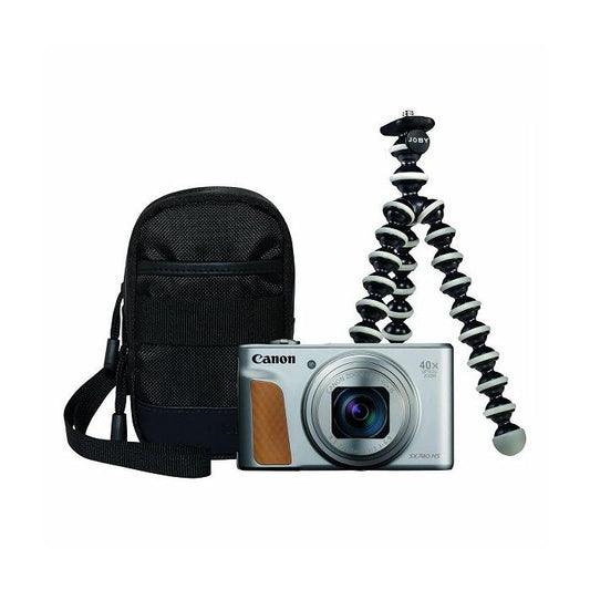 Silver compact camera with mini tripod and black travel case bag