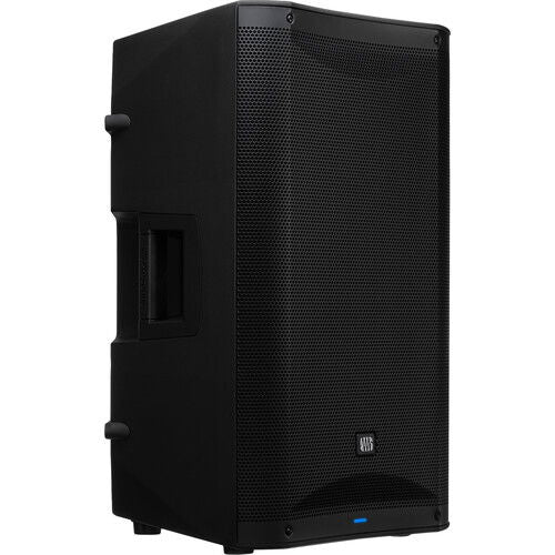 Black powered speaker rear-left angle showing vent grille and port panel.