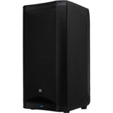 Black powered speaker with front grille and small blue power indicator LED.