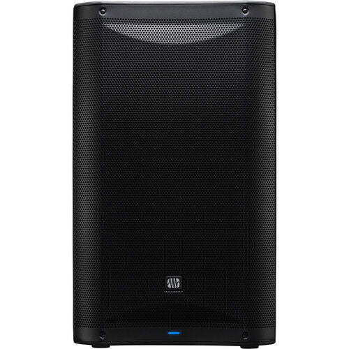 Black powered speaker front grille view with circular grille texture pattern.