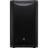 Black powered speaker front grille view with circular grille texture pattern.