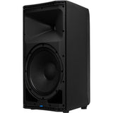 Black powered speaker front view with woofer driver visible through grille.