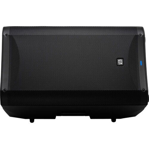 Black powered speaker back grille with mounting points and blue status LED.