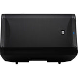 Black powered speaker back grille with mounting points and blue status LED.