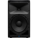 Black powered speaker rear woofer with vented horn opening above.
