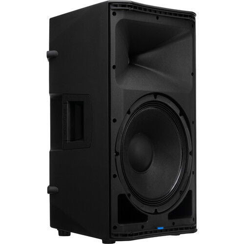 Black powered speaker side view showing large woofer and connection panel.