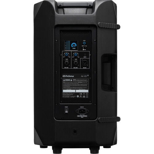 Black powered speaker rear panel with ports and control knobs.