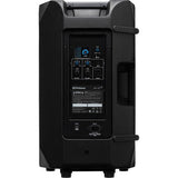Black powered speaker rear panel with ports and control knobs.