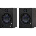 Dark studio monitor speaker pair, front view with woofer and tweeter, controls visible