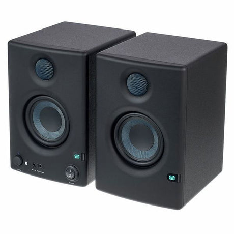 Pair of dark multimedia studio speakers with front woofers and tweeters