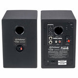 Back view of dark studio monitors with ports, switches, and connection panel