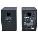 Back panel of black studio monitor speakers with input ports and controls