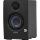 Front view of black studio monitor speaker with blue woofer ring and oval tweeter grille