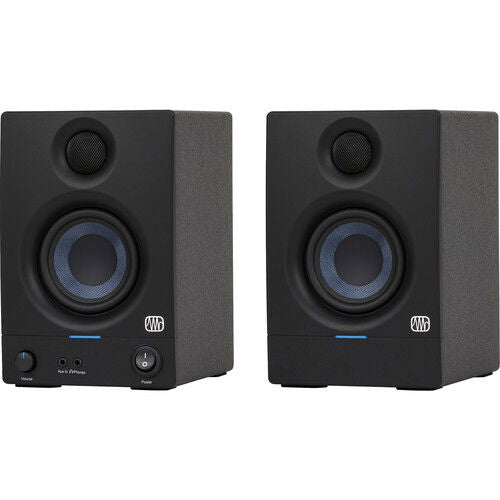 Black studio monitor speaker with blue woofer ring and tweeter grille, front view