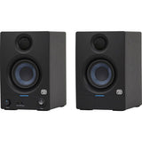 Black studio monitor speaker with blue woofer ring and tweeter grille, front view
