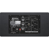 Studio monitor speaker rear panel with ports and input controls, dark cabinet