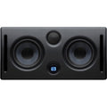 Studio monitor speaker front view, dual woofers and tweeter, dark cabinet