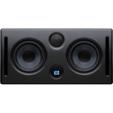 Studio monitor speaker front view, dual woofers and tweeter, dark cabinet
