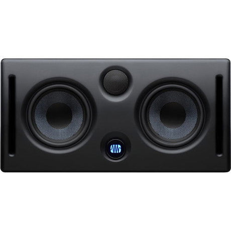 Studio monitor speaker front view, dual woofers and tweeter, dark cabinet