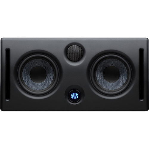 Studio monitor speaker front view, dual woofers and tweeter, dark cabinet
