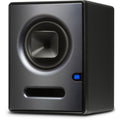 Studio active monitor speaker, woofer and bass port with small logo badge, dark gray