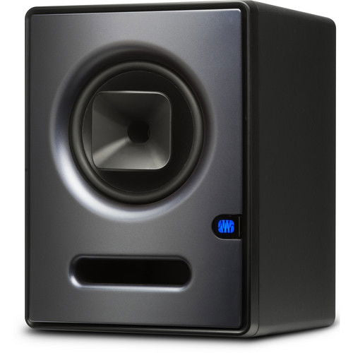 Studio active monitor speaker, woofer and bass port with small logo badge, dark gray
